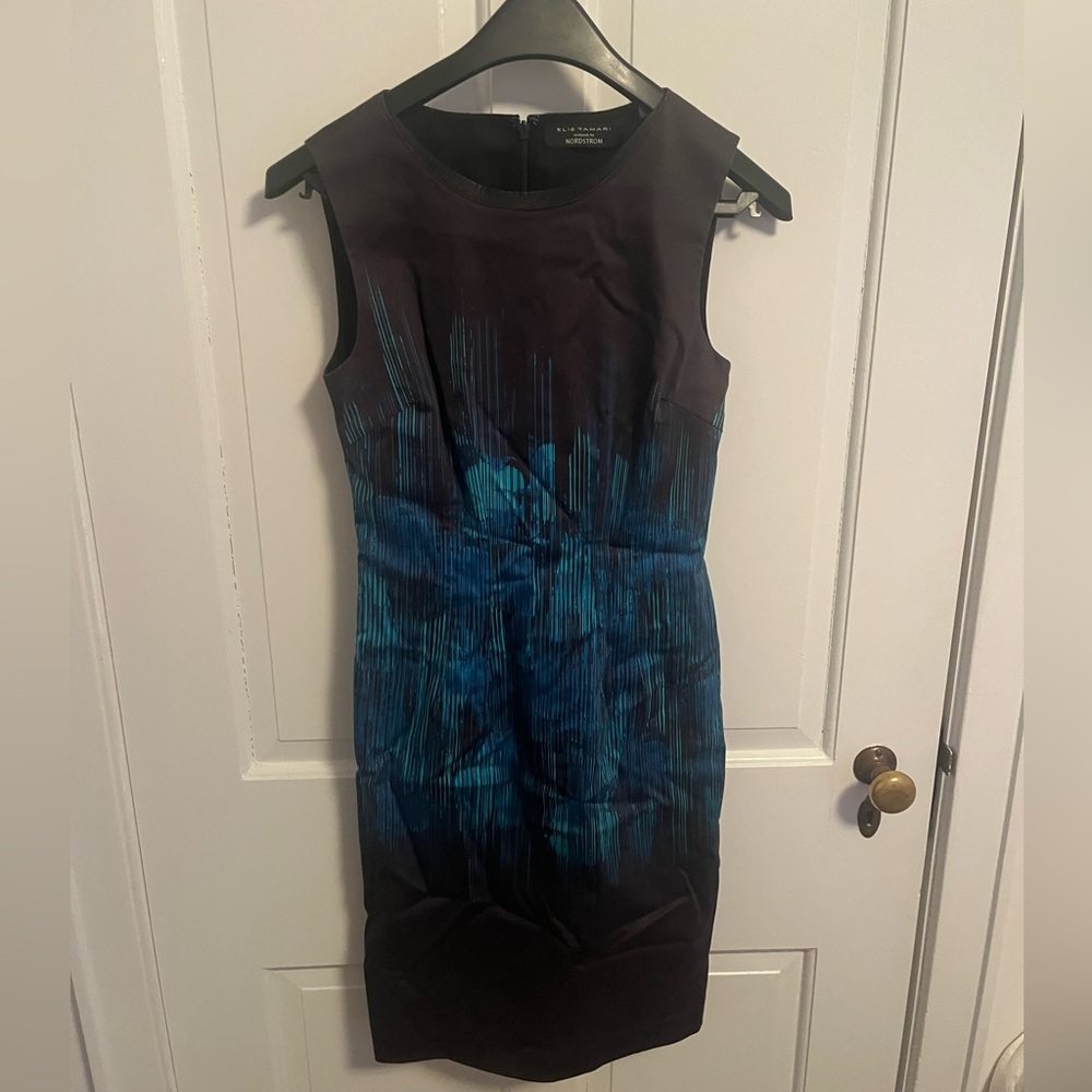 Elie Tahari Black and Blue Midi Dress